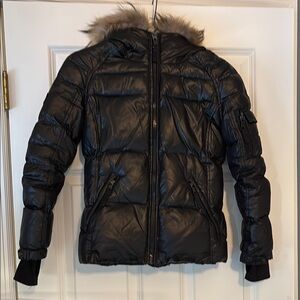 SAM Black Puffer Jacket with Faux Fur Hood